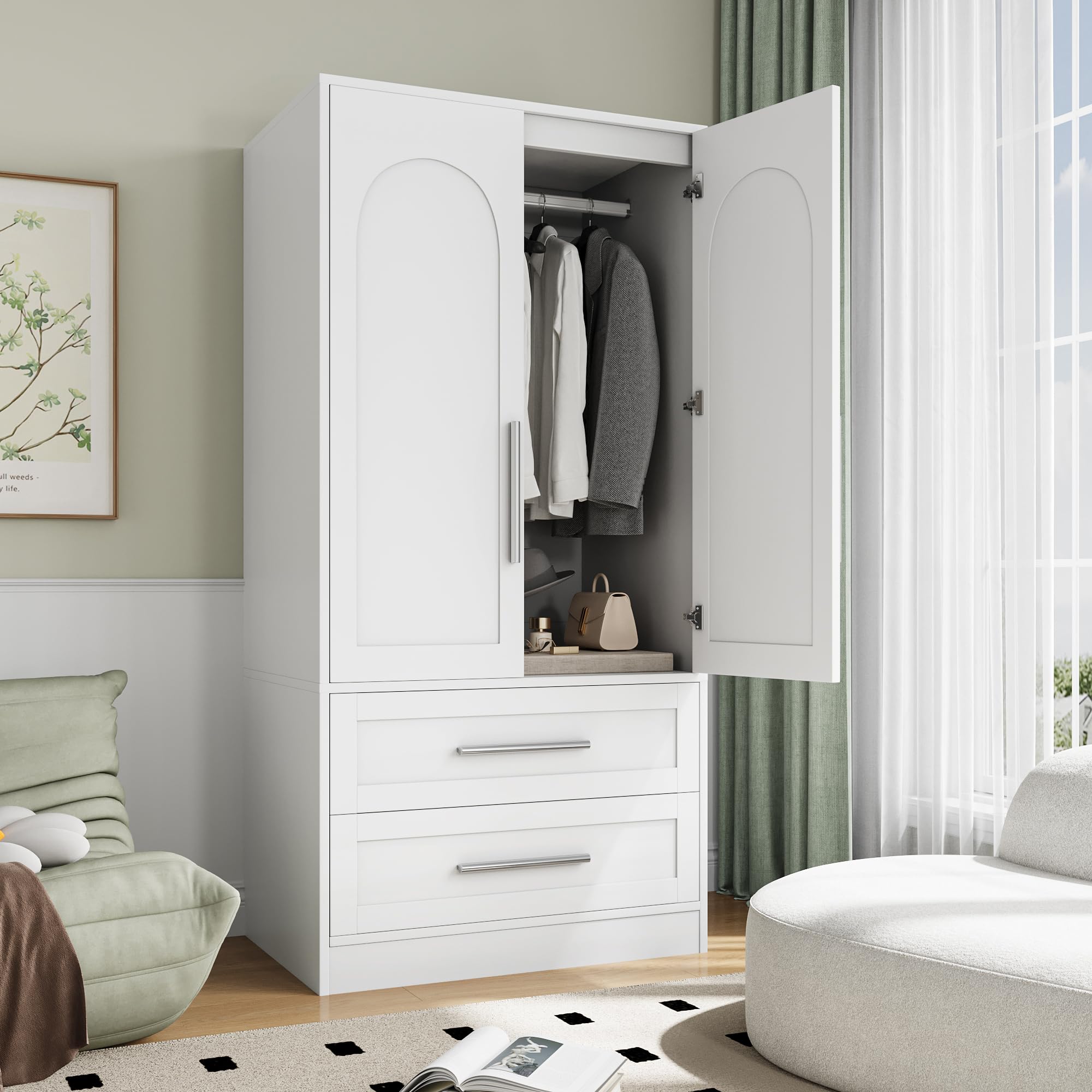 Einhomn Wooden Armoire Wardrobe Closet with 2 Doors and 2 Drawers,Bedroom Freestanding Armoire Storage Cabinet with Shelves,Tall Clothing Storage Cabinet for Bedroom,White
