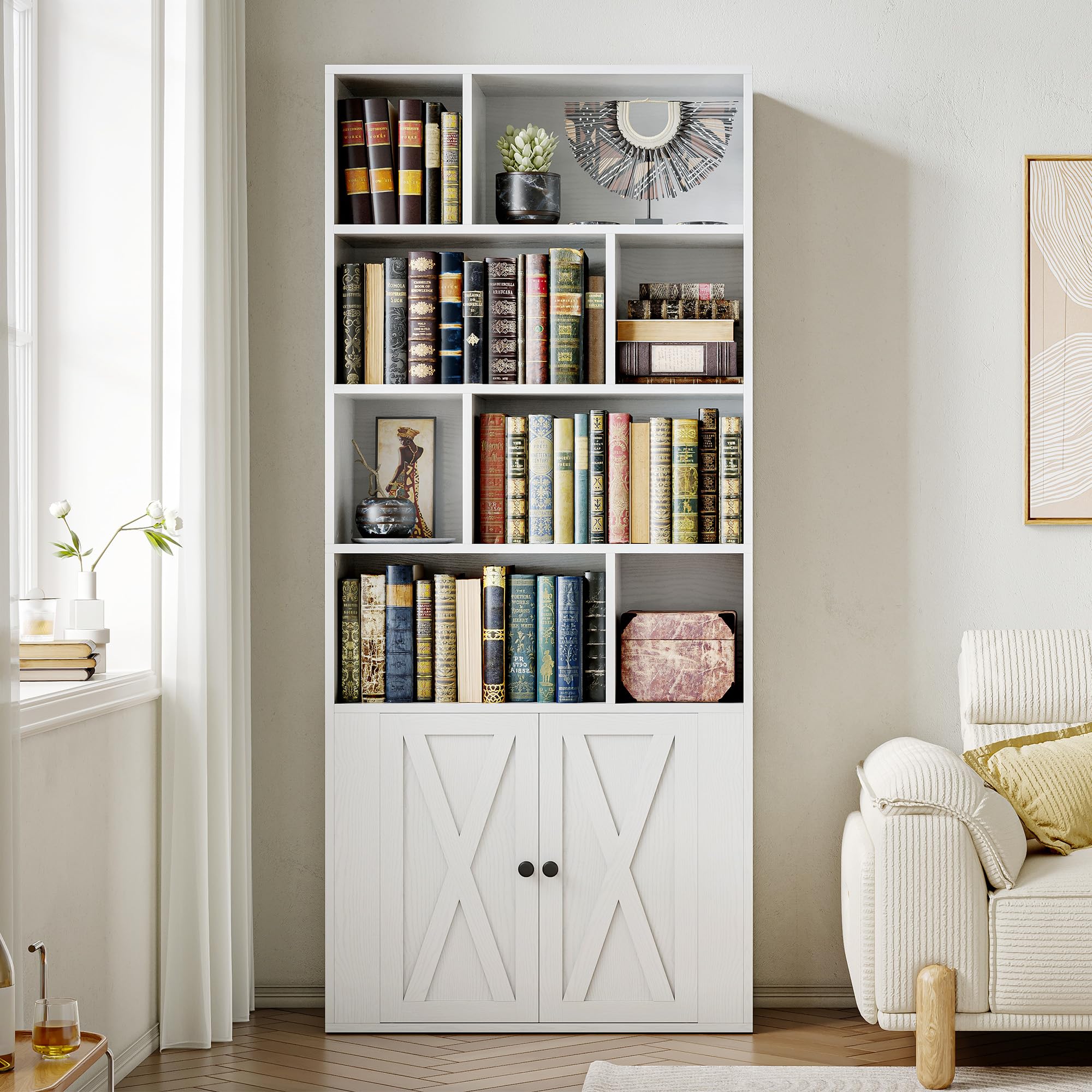 IRONCK Book Shelf, Tall Bookshelf with Storage, Bookshelves and Bookcases with Doors, 4-Tier Bookcase with 8 Open Cubes for Living Room, Office, Study, White
