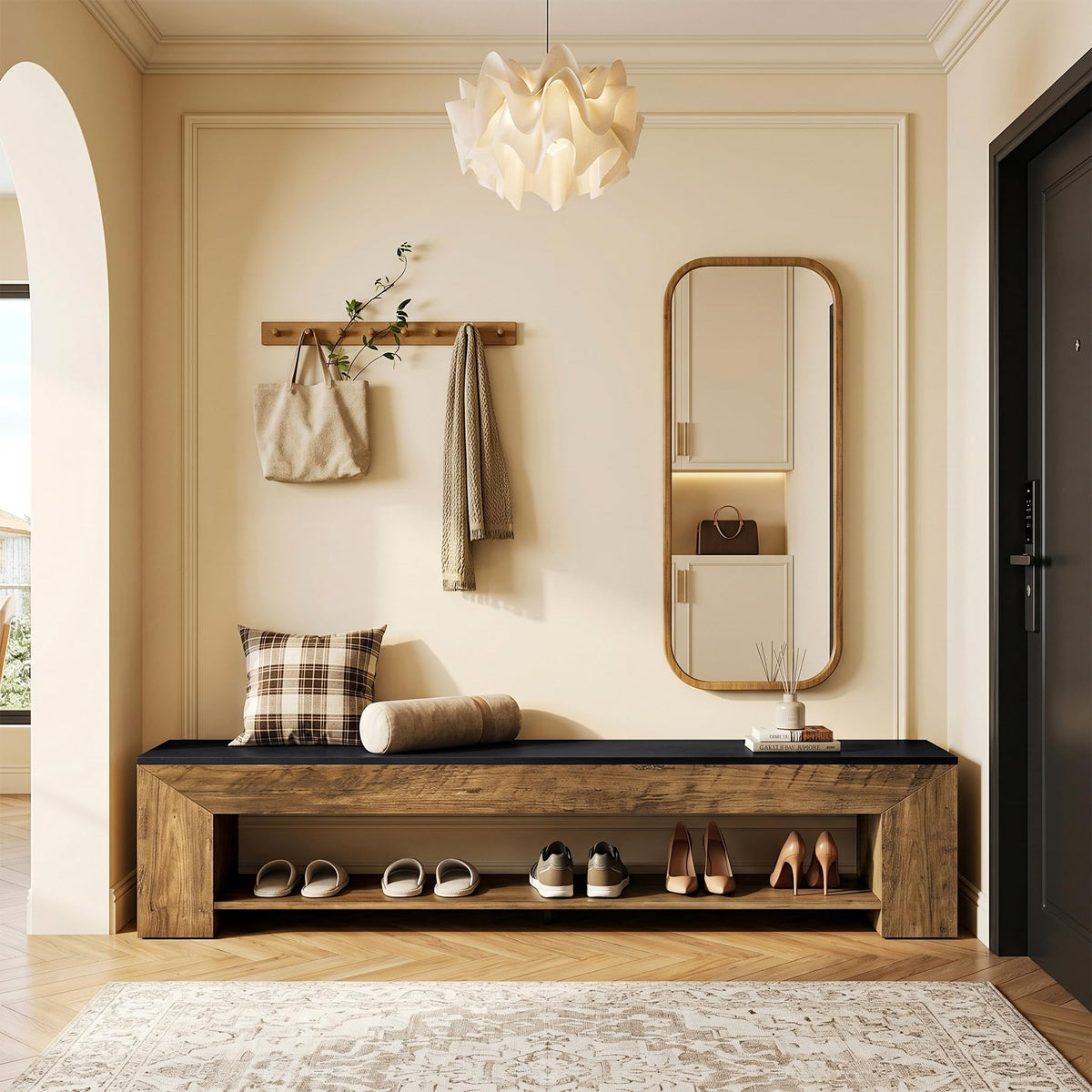 Tribesigns 71-Inch Extra Long Entryway Bench with Shoe Storage, Farmhouse Shoe Bench with 2 Shelves, Wooden Indoor Seating for Hallway, End of Bed, Living Room, Mudroom, Rustic Brown & Black
