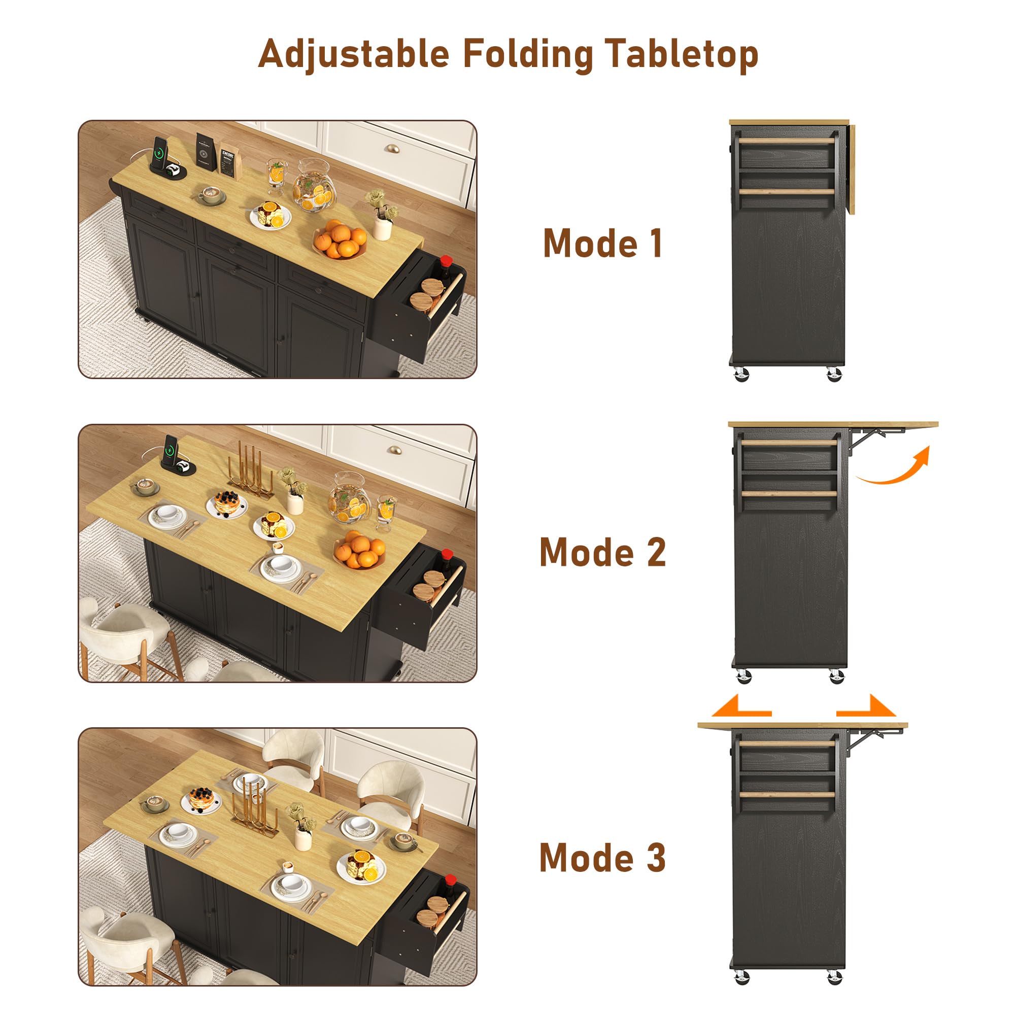 St.Mandyu 63 inch Rolling Kitchen Island with Power Outlet, Drop Leaf & Storage Cabinet - Mobile Cart with Hidden Trash Cabinet, Spice Rack, Shelves, and Towel Holder for Small Spaces,Black
