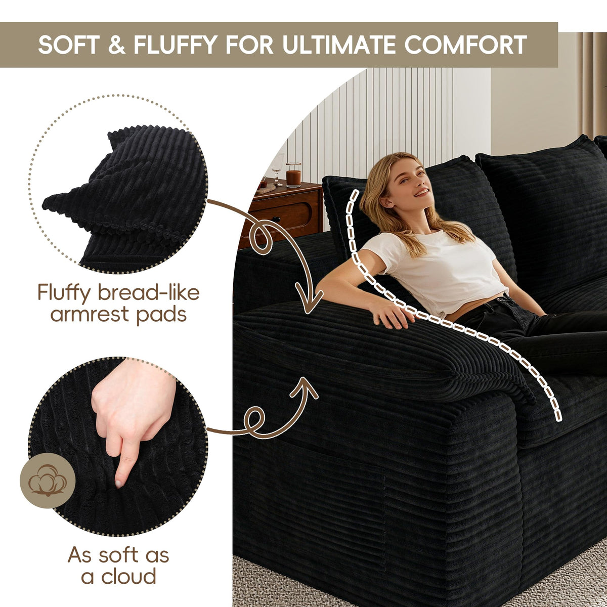 Black Corduroy Sectional Sofa Set