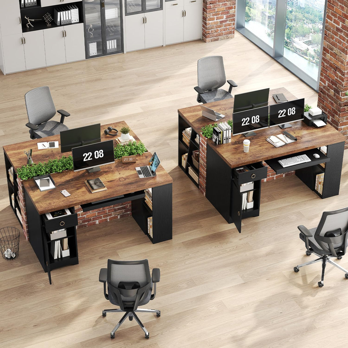 HSH Office Desk with Keyboard Tray in Home, Computer Desk with Storage 55"