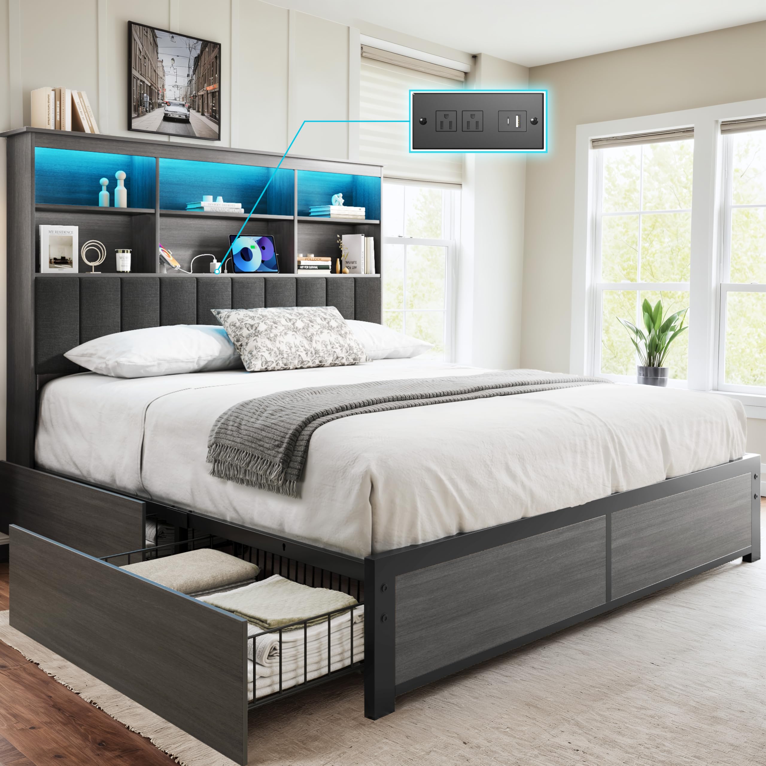 Rustic Bed Frame with Storage Headboard, Drawers & LED