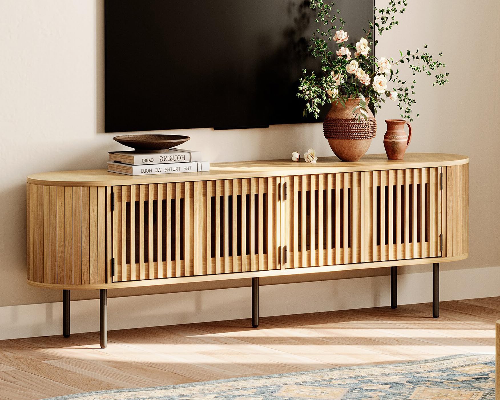 Fluted TV Stand for 75-Inch TVs with Storage