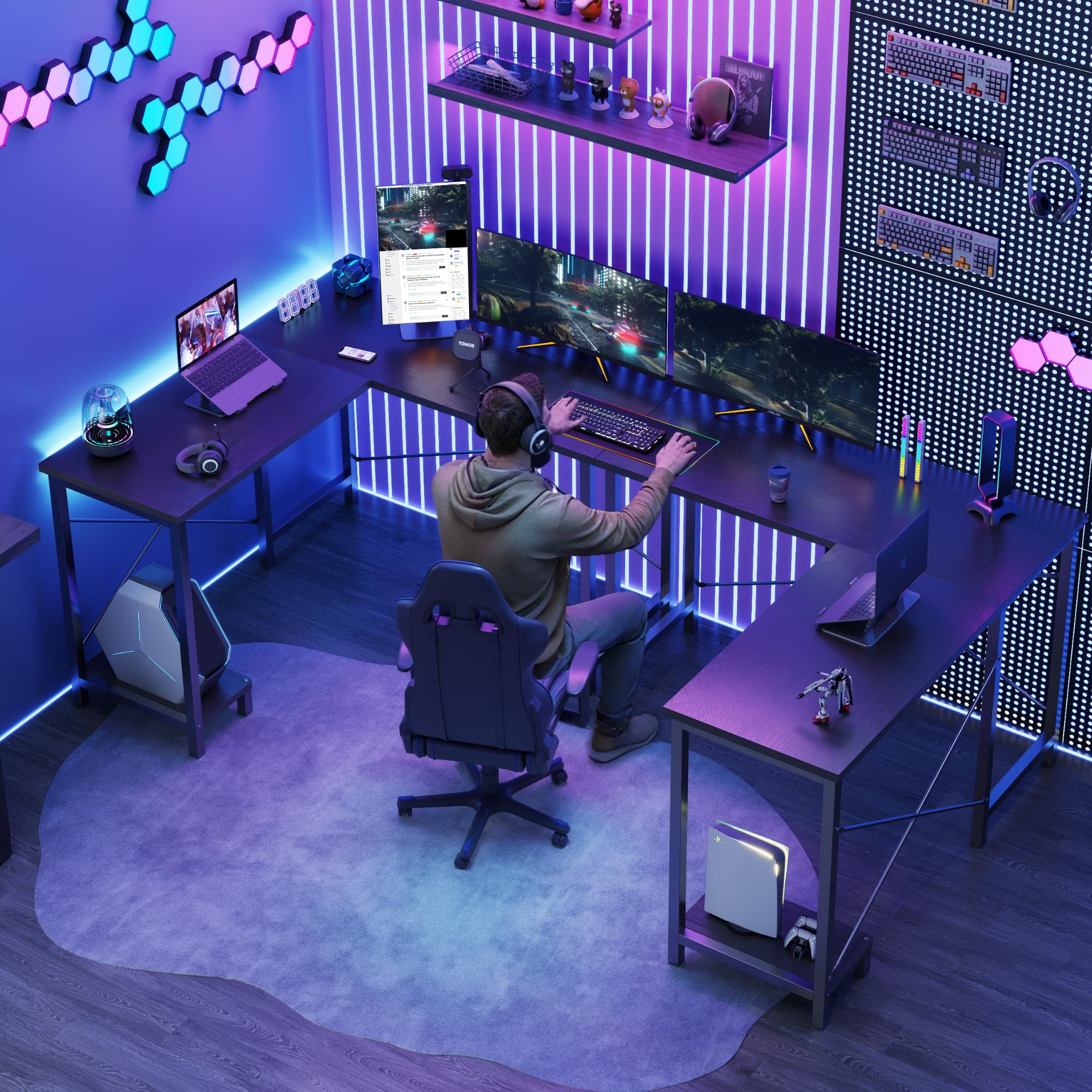 DUMOS L Shaped Desk, Computer Gaming Desks Corner Office Table with CPU Shelf for Home Study Writing Work Station 50 Inch, Sturdy Modern Design, Ideal for PC Setup, Study, and Home Office Use, Black