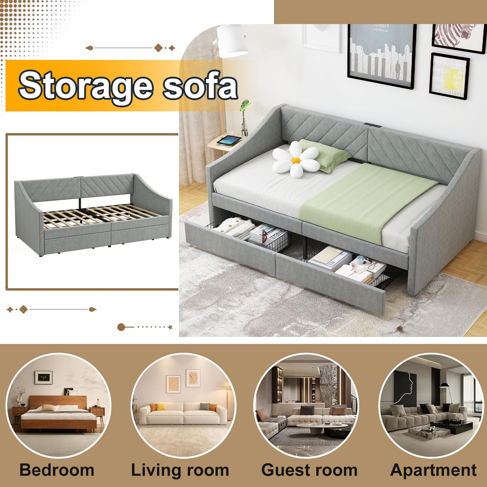 Twin Daybed with Storage Drawers & Charging Station