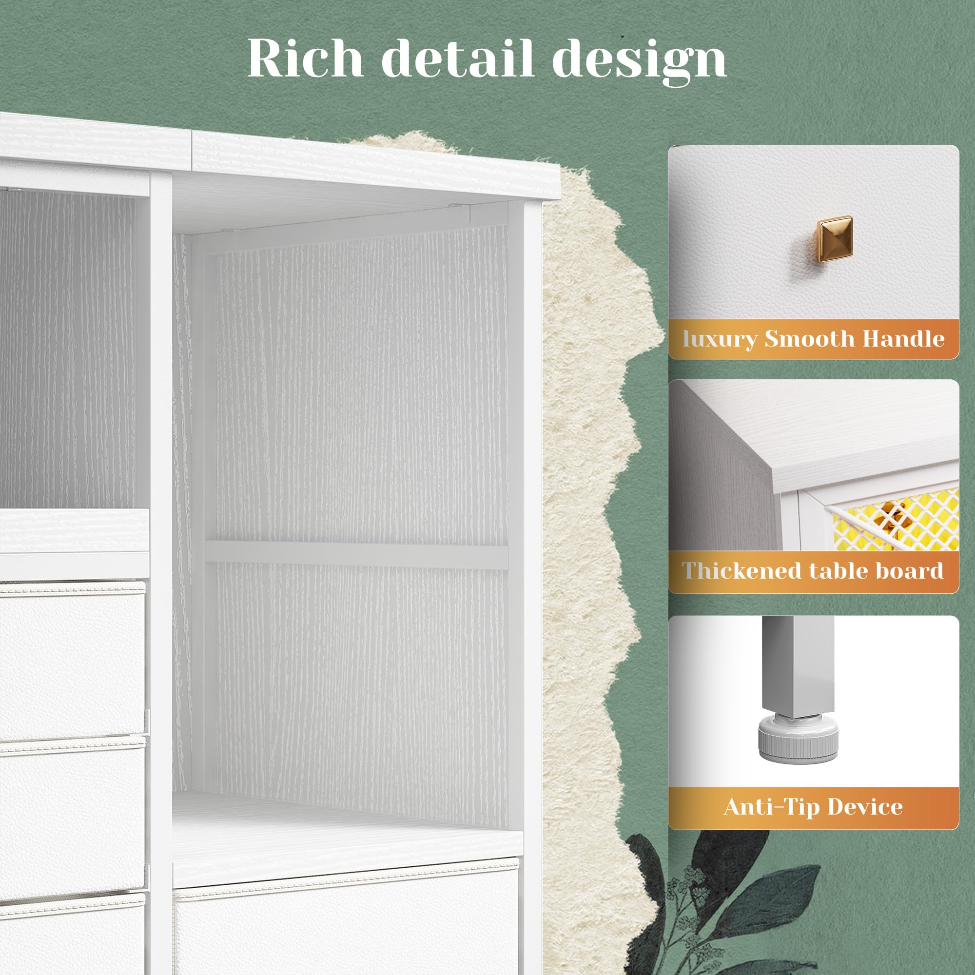 Dresser for Bedroom with 8 Fabric Drawers & 17.5''H Semi-Open Wooden Shelf,TV stand with LED Lights & Charging Station,Sturdy Steel Frame & Wood Top,Storage Cabinet for Hallway,Living Room,White