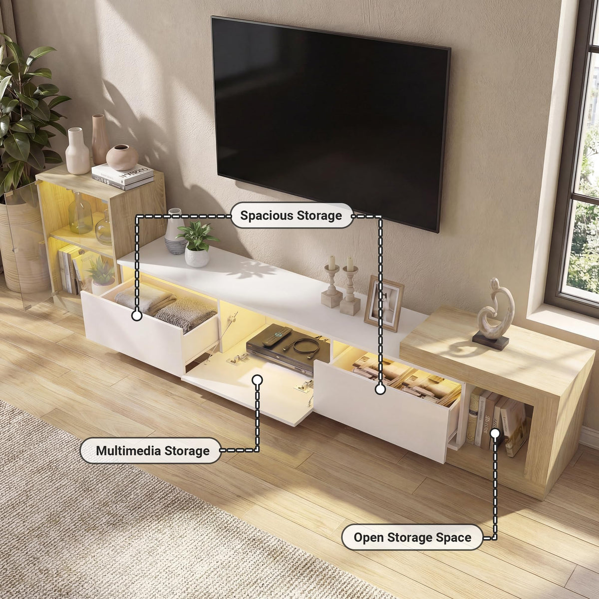 85.4"-129.5" Extendable TV Stand with Glass Cabinet for 75”-110” TVs White