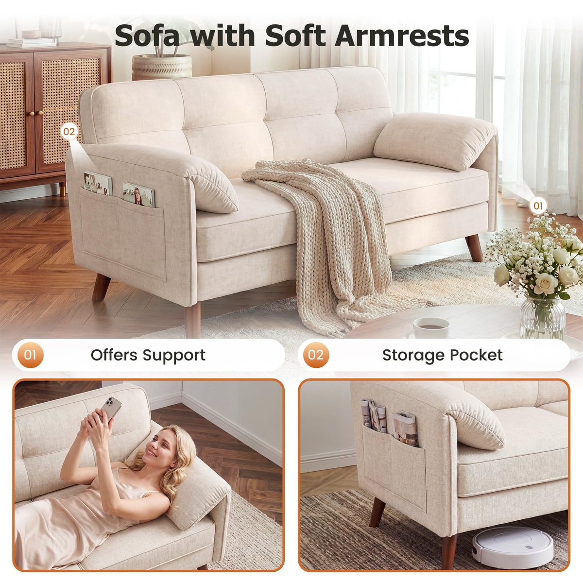 Apicizon 65" Loveseat Sofa, Chenille Loveseat Couch for Living Room with Storage Pockets, 25" Deep Seat Love Seat with Padded Arms, Modern Small Couches for Bedroom, Small Spaces, Home Office