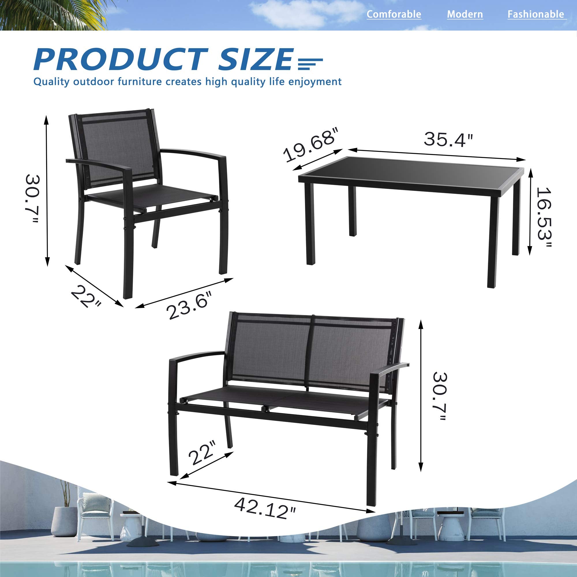 4-Piece Patio Conversation Set with Glass Coffee Table