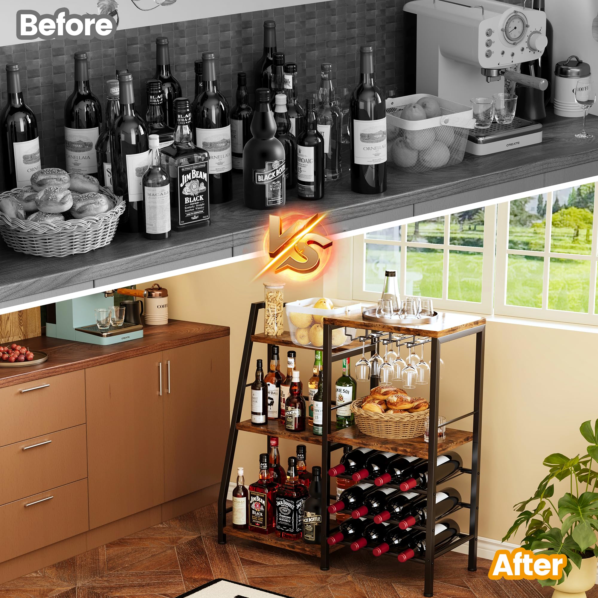 3-Tier Bar Cabinet with Wine Rack & Glass Holder