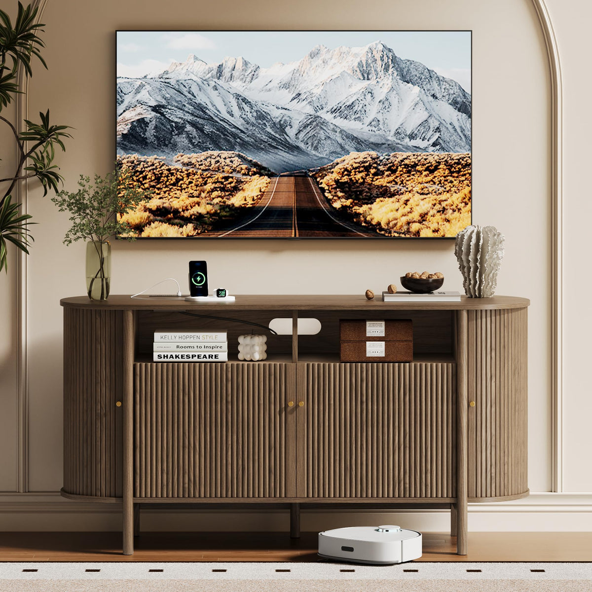 Fluted TV Stand with Power Outlets