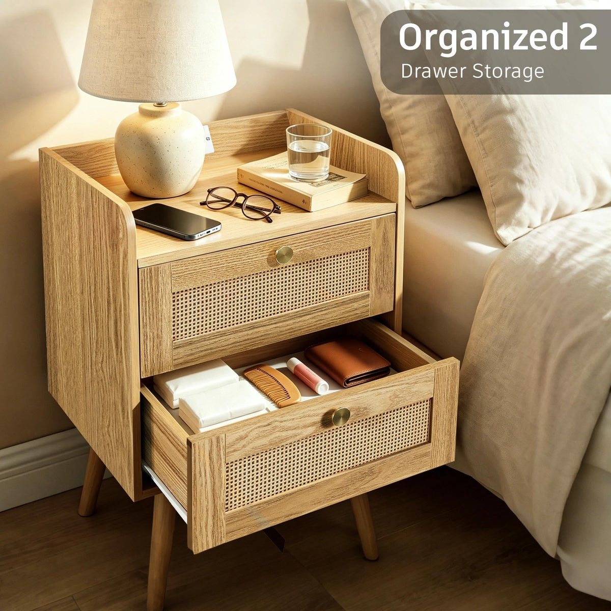 Rattan Nightstands with Charging Station, Set of 2