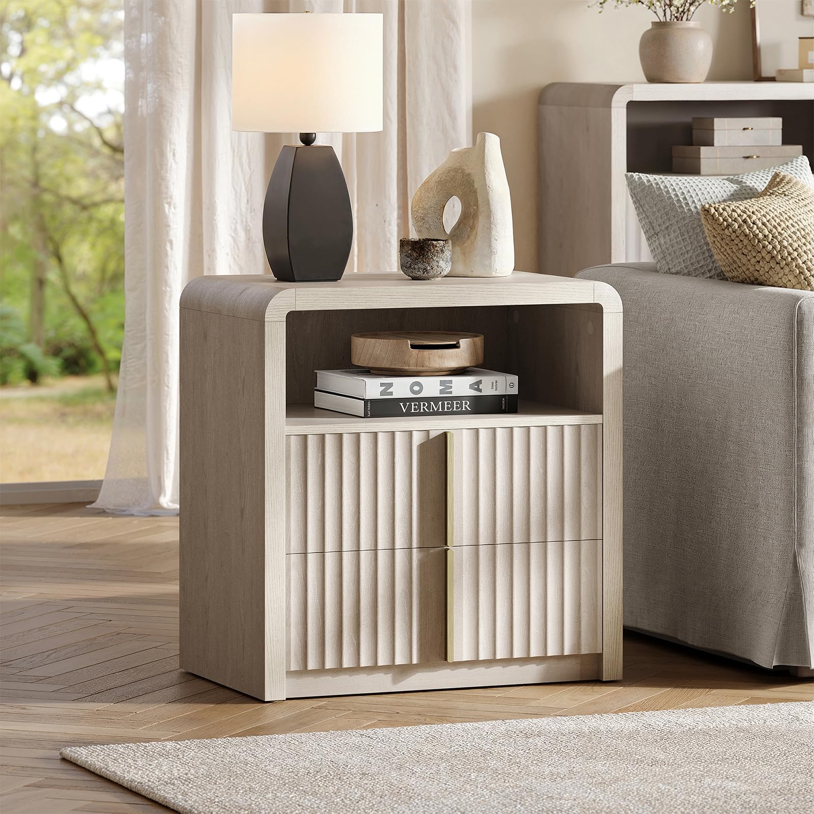 ModernMate Night Stand Set of 2, 23.6" Fluted Nightstand with 2 Drawers, Curve Profile Bedside Table with Solid Metal Handle, Thicken End Side Table for Bedroom, White Alder