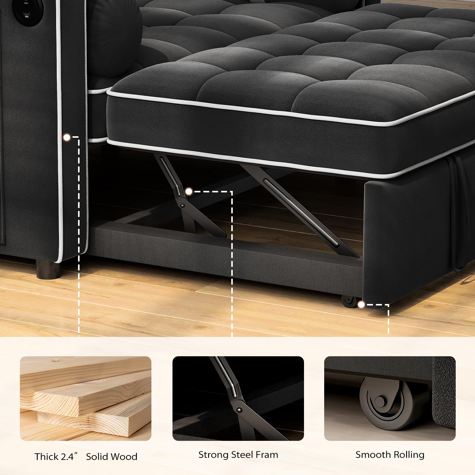 3-in-1 Convertible Sleeper Sofa Bed with USB Ports
