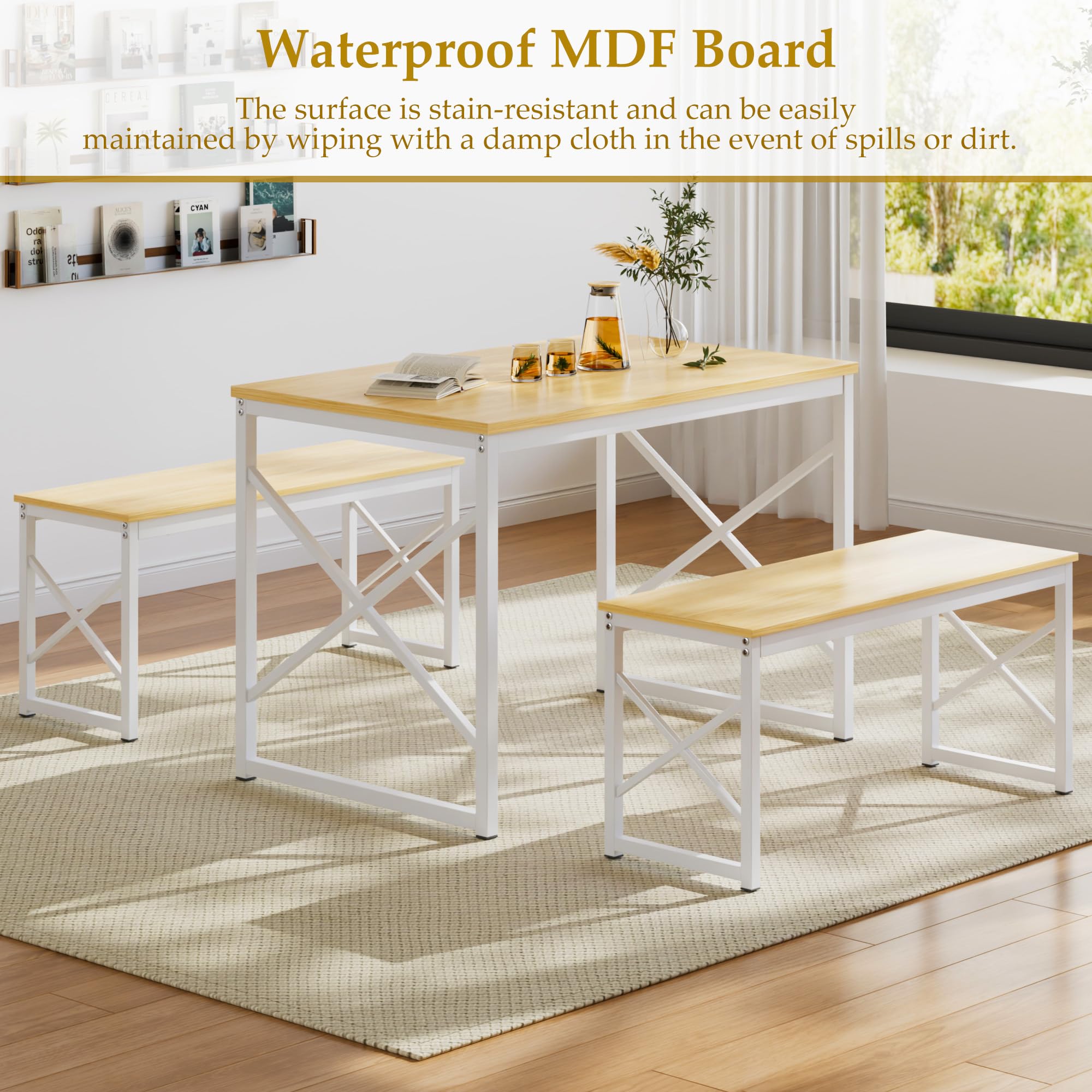 VECELO Kitchen Dining Table Benches Set for 4, 43.3" Wooden Dinette with 2 Benches, Heavy-Duty Dining Room Table for Small Space, Breakfast Nook, Natural Oak