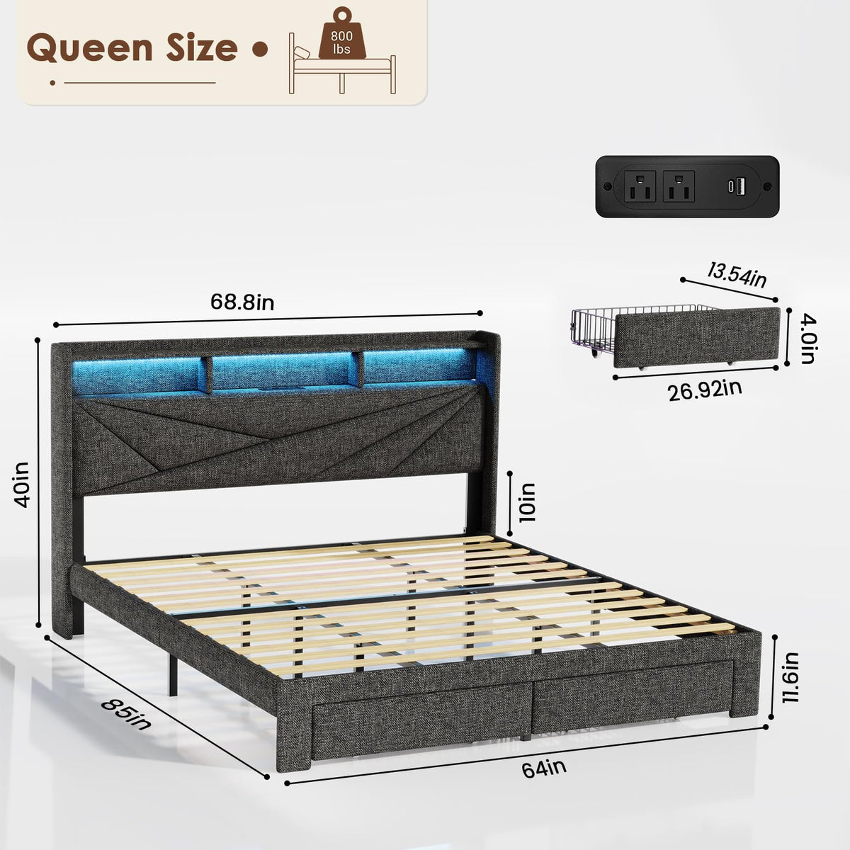 Queen Storage Bed with LED Lights