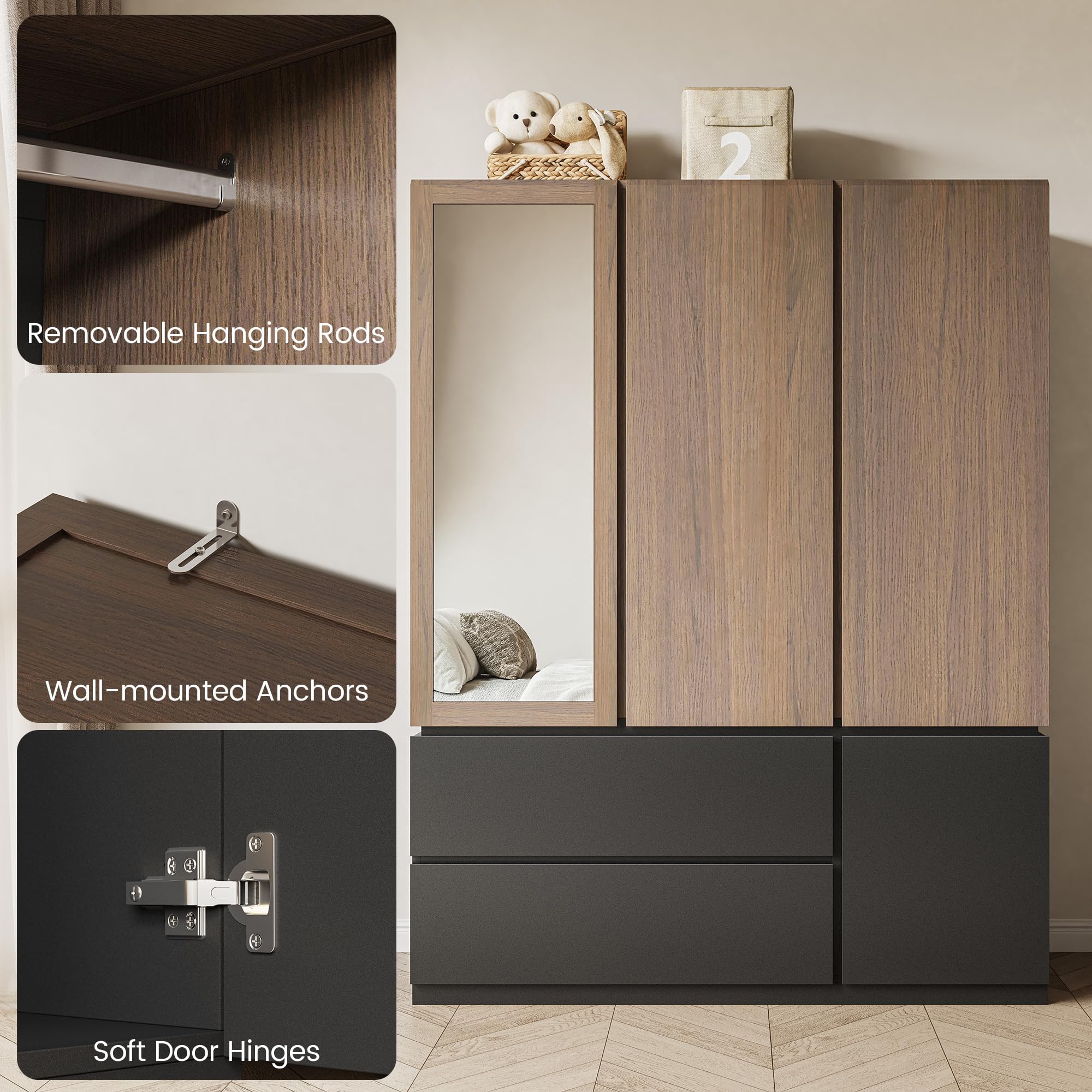 ModernMate 71" Wardrobe Armoire Closet with Mirror & 2 Drawers, Freestanding 3-Door Wooden Closet with 2 Hanging Rods, Steel Ball Slides, Compact Storage Cabinet for Bedroom, Rental, Apartment, Dorm