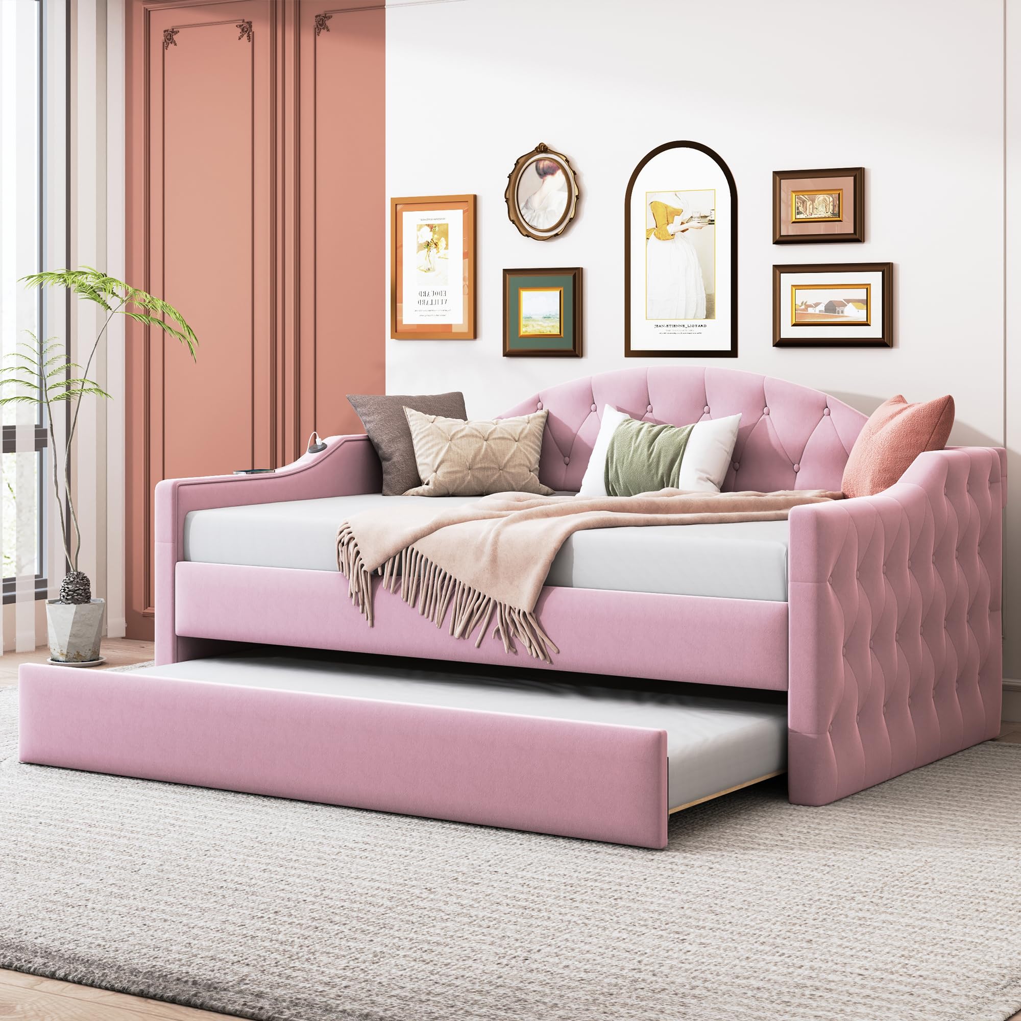 Velvet Tufted Daybed with Trundle & USB Charging