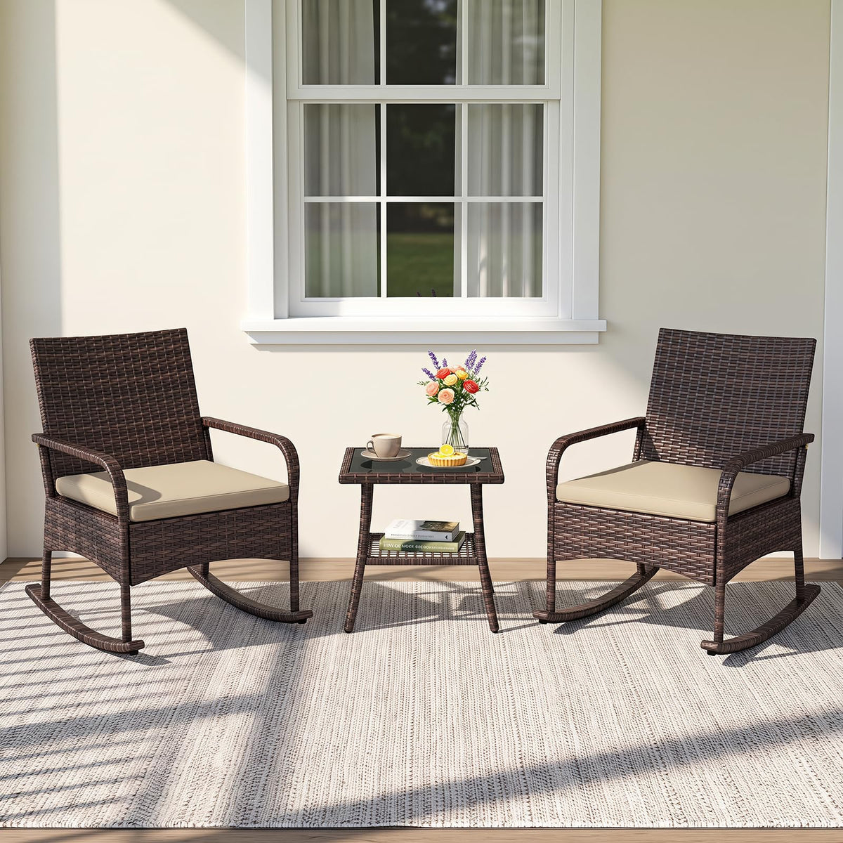 Tangkula 3-Piece Outdoor Wicker Rocking Bistro Set with 2-Tier Coffee Table