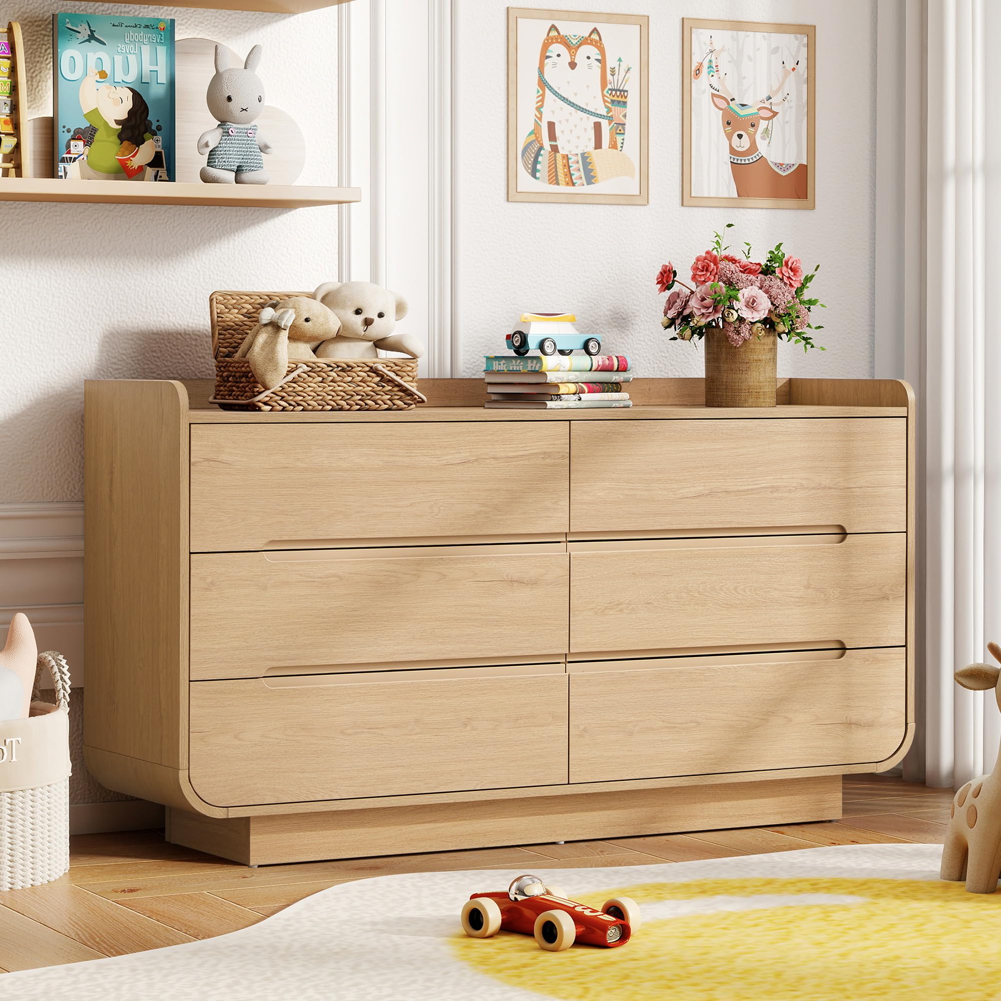 6-Drawer Curved Dresser with Hidden Handles