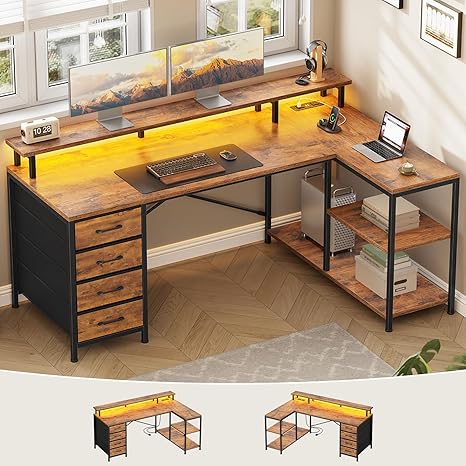 L-Shaped Desk with 4 Drawers, LED Lights & Power Outlet, 47 Inch