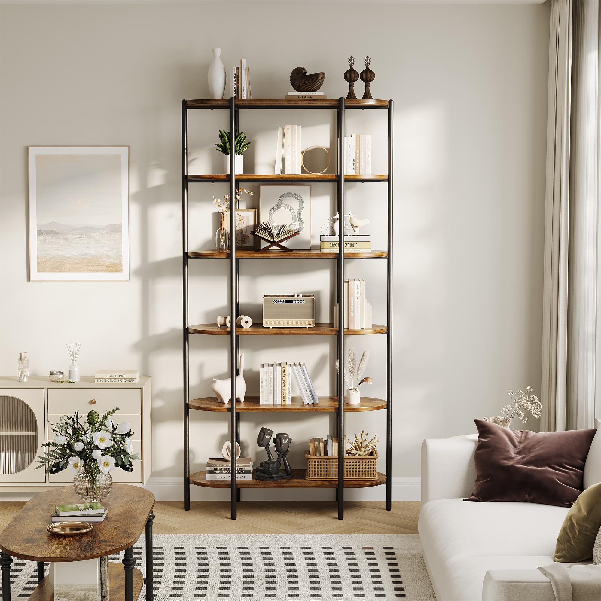 6-Tier Industrial Bookshelf with Metal Frame