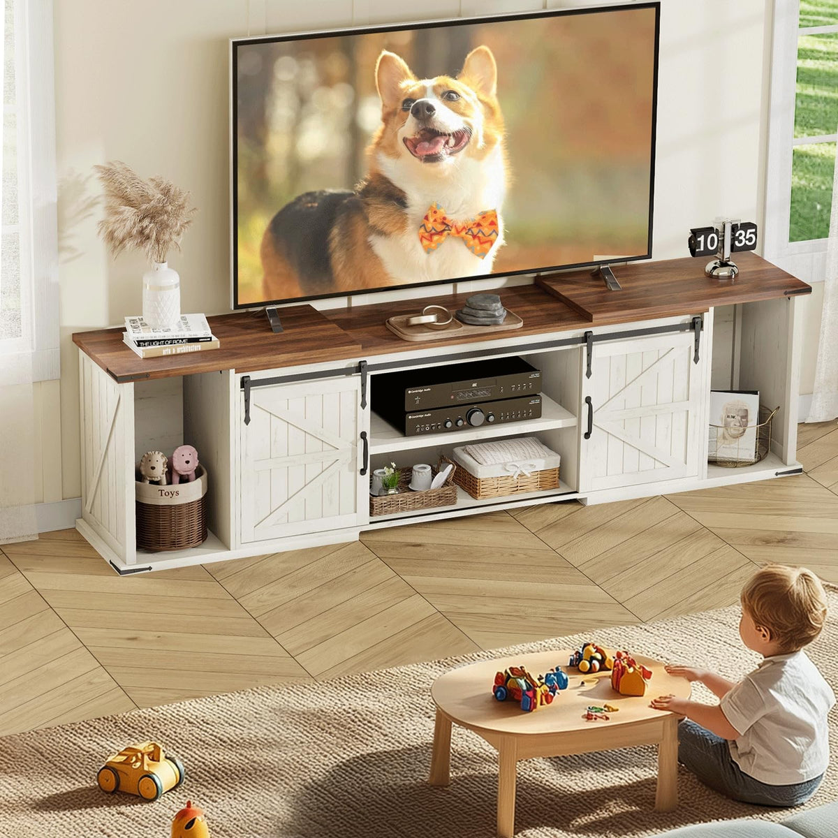 ALLSTAND Extendable TV Stand, Entertainment Center for 85 95 105 Inch TV, Farmhouse TV Stand with Large Capacity Storage and Sliding Doors, Media Console for Living Room, Length 86"-113", White