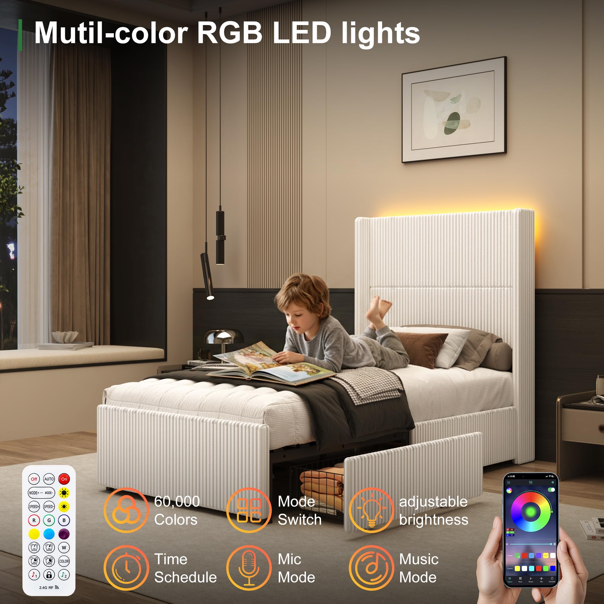 Hlivelood Twin Size Bed Frame with 52” Tall Corduroy Wingback Headboard, Upholstered Platform Bed with 2 Storage Drawers & LED Lights, Vertical Stripes, No Box Spring Needed, Noise-Free, Cream