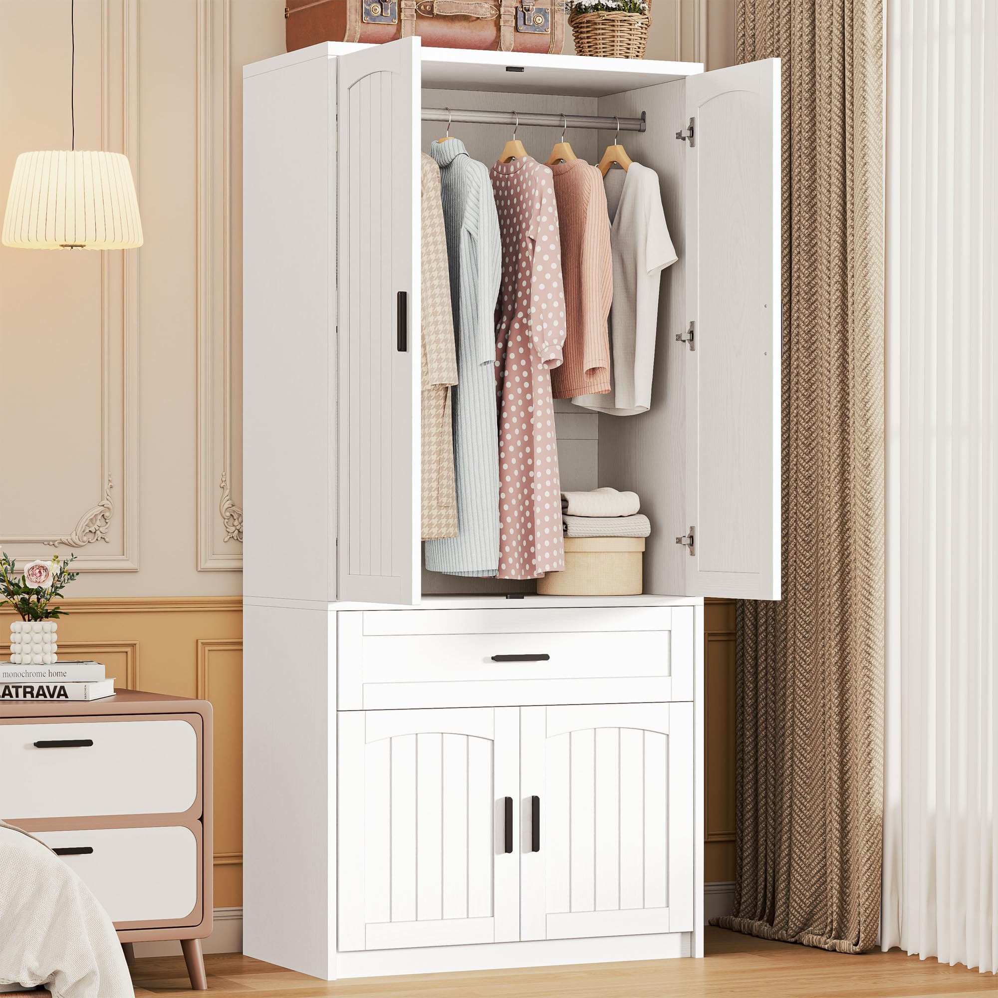 LIKIMIO 77" Tall Freestanding Armoire Wardrobe Closet with 4 Doors, Drawer, Hanging Rod & Adjustable Shelves, Bedroom Clothes Storage Cabinet, White