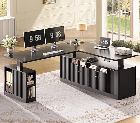 L-Shaped Electric Standing Desk 69" x 55" with Drawers & Power Outlet