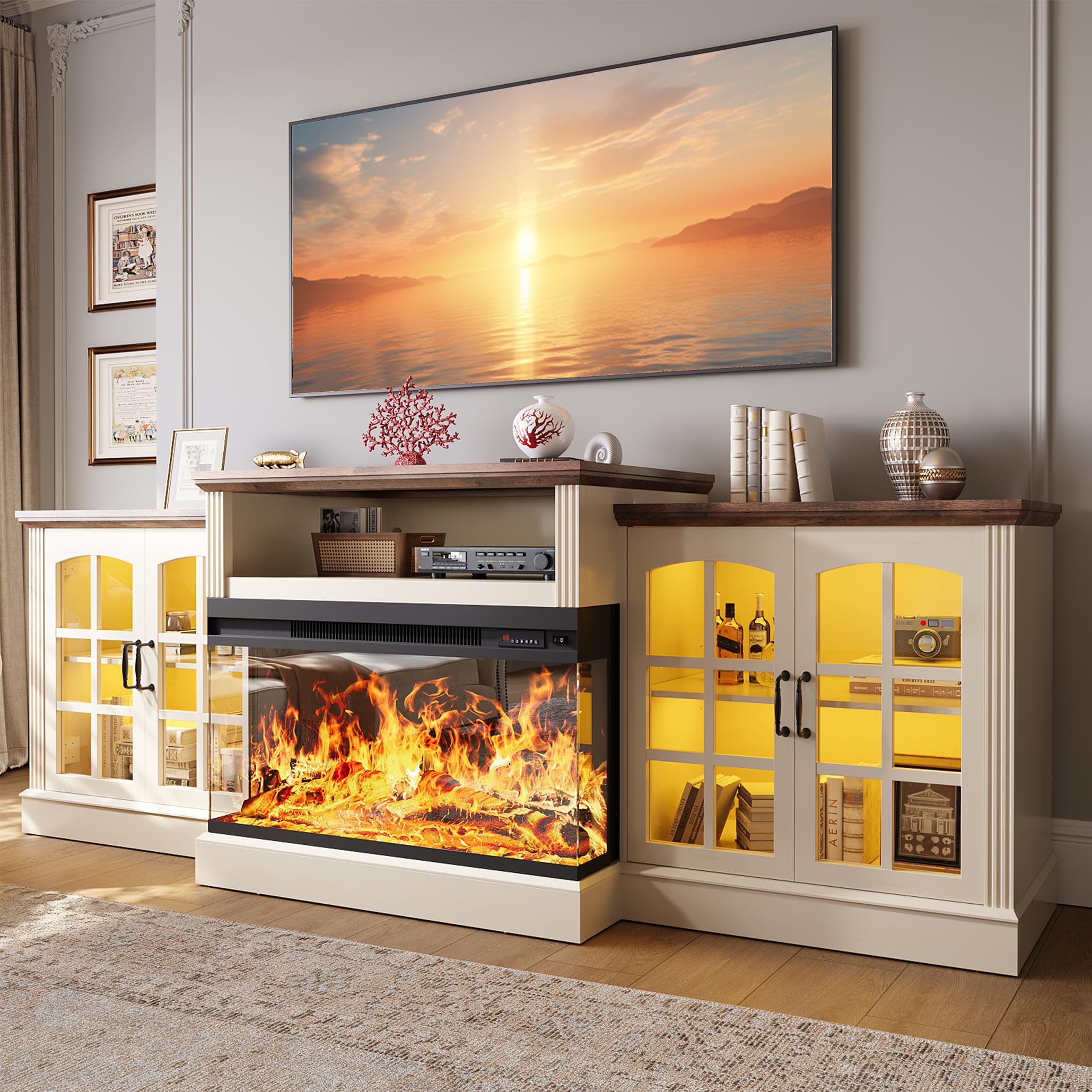 Farmhouse Fireplace TV Stand with 3-Sided Electric Fireplace