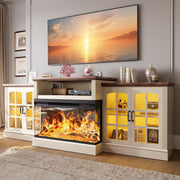 OneBlis 97'' Fireplace TV Stand with 3-Sided Electric Fireplace up to 100" TV, LED Entertainment Center Media Console with 36" Fireplace for Living Room, White/Rustic Oak Top