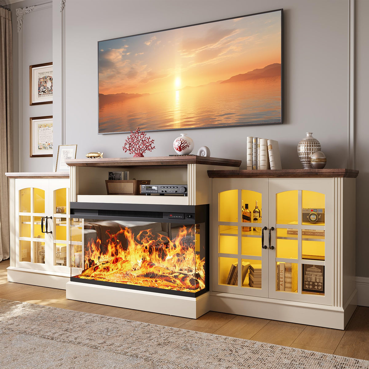 OneBlis 97'' Fireplace TV Stand with 3-Sided Electric Fireplace up to 100" TV, LED Entertainment Center Media Console with 36" Fireplace for Living Room, White/Rustic Oak Top