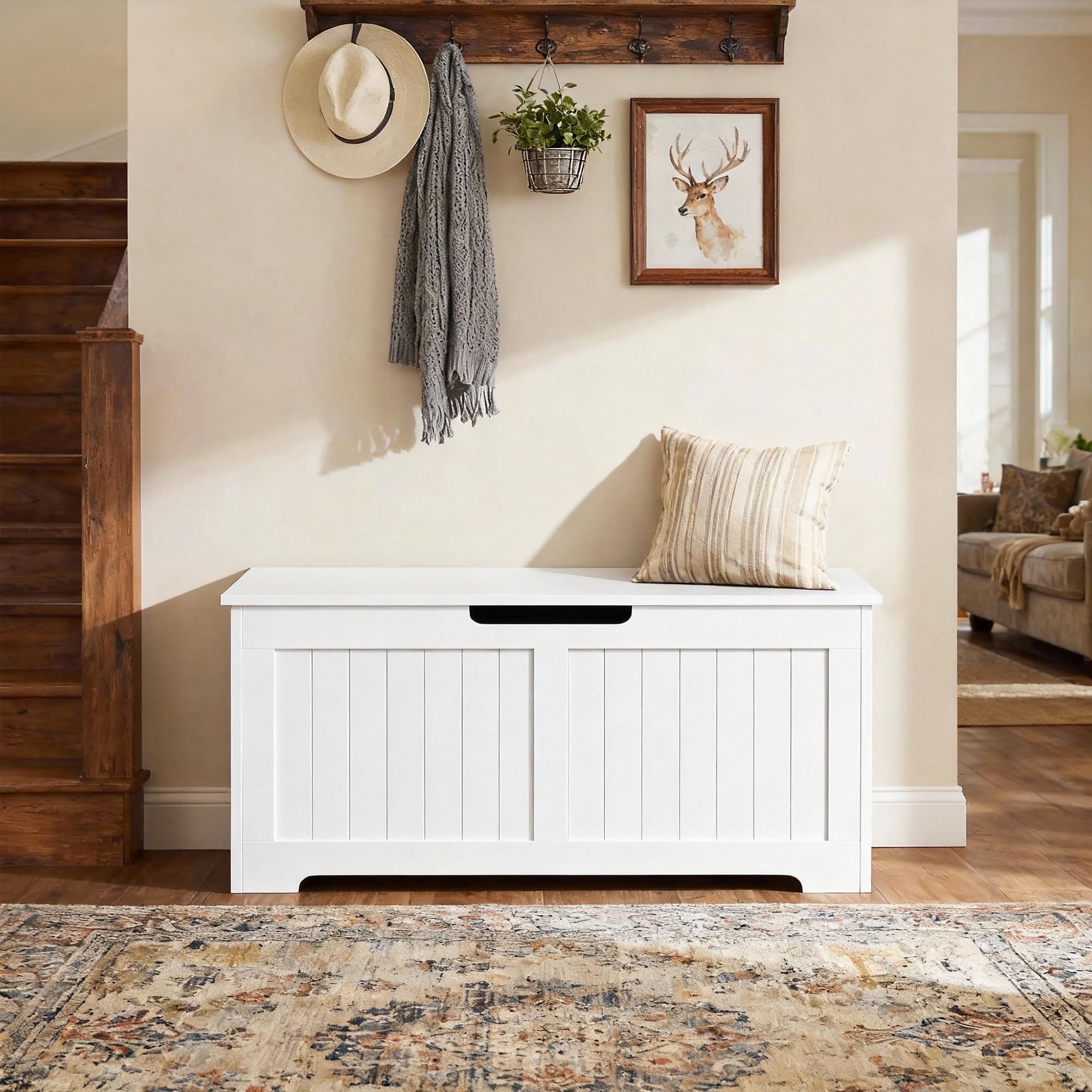 SUPER DEAL Storage Chest, 39 inches Chest Box Organizer with 2 Safety Hinges, Wooden Entryway Shoe Organizer Storage Bench, White