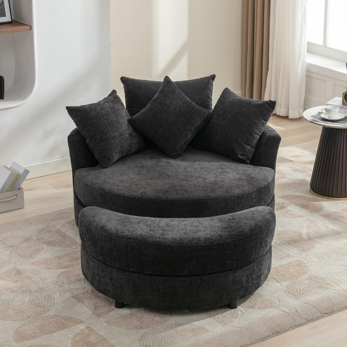 Chenille Swivel Chair with Storage Ottoman
