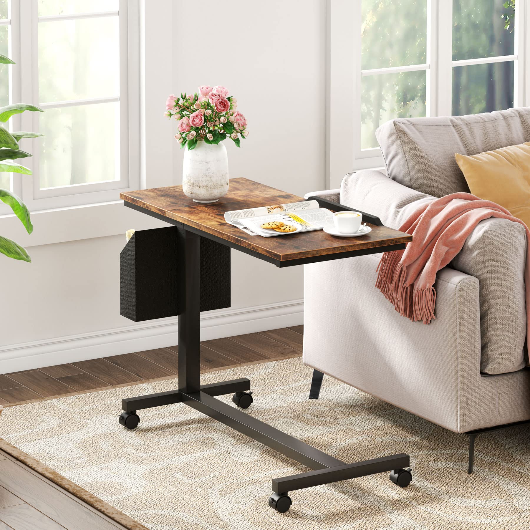Height Adjustable C-Shaped End Table with Wheels