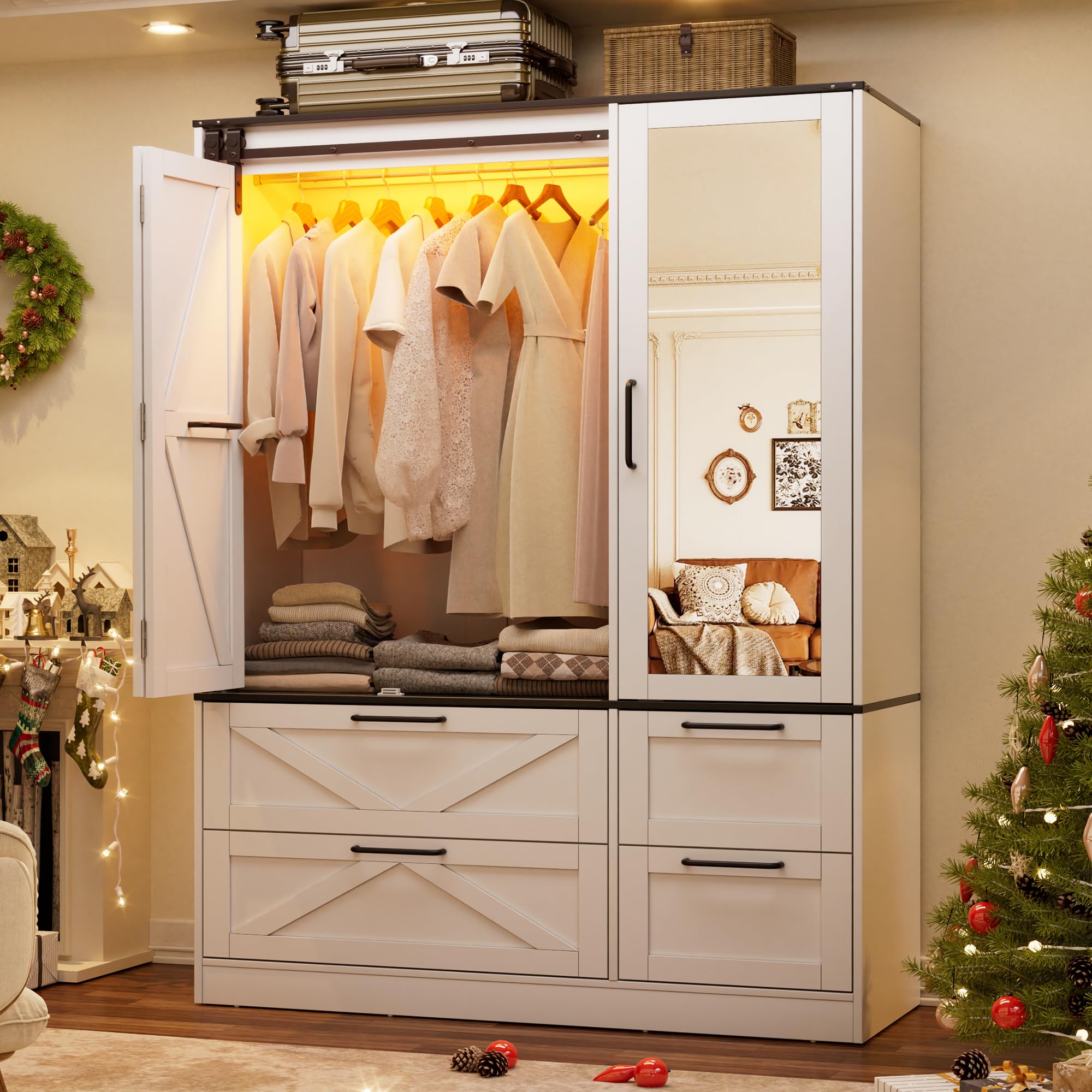 PAKASEPT Armoire Wardrobe Closet with w/Folding Sliding Barn Door, Bedroom Armoires with Mirror and Sensor Lights, Hanging Rod, Wardrobe Closet for Bedroom (19.69" D x 47.24" W x 72.83" H)