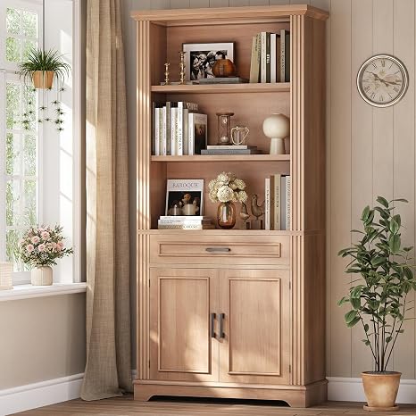 Farmhouse Bookcase with Doors, Drawer & 6 Shelves – 70" Tall
