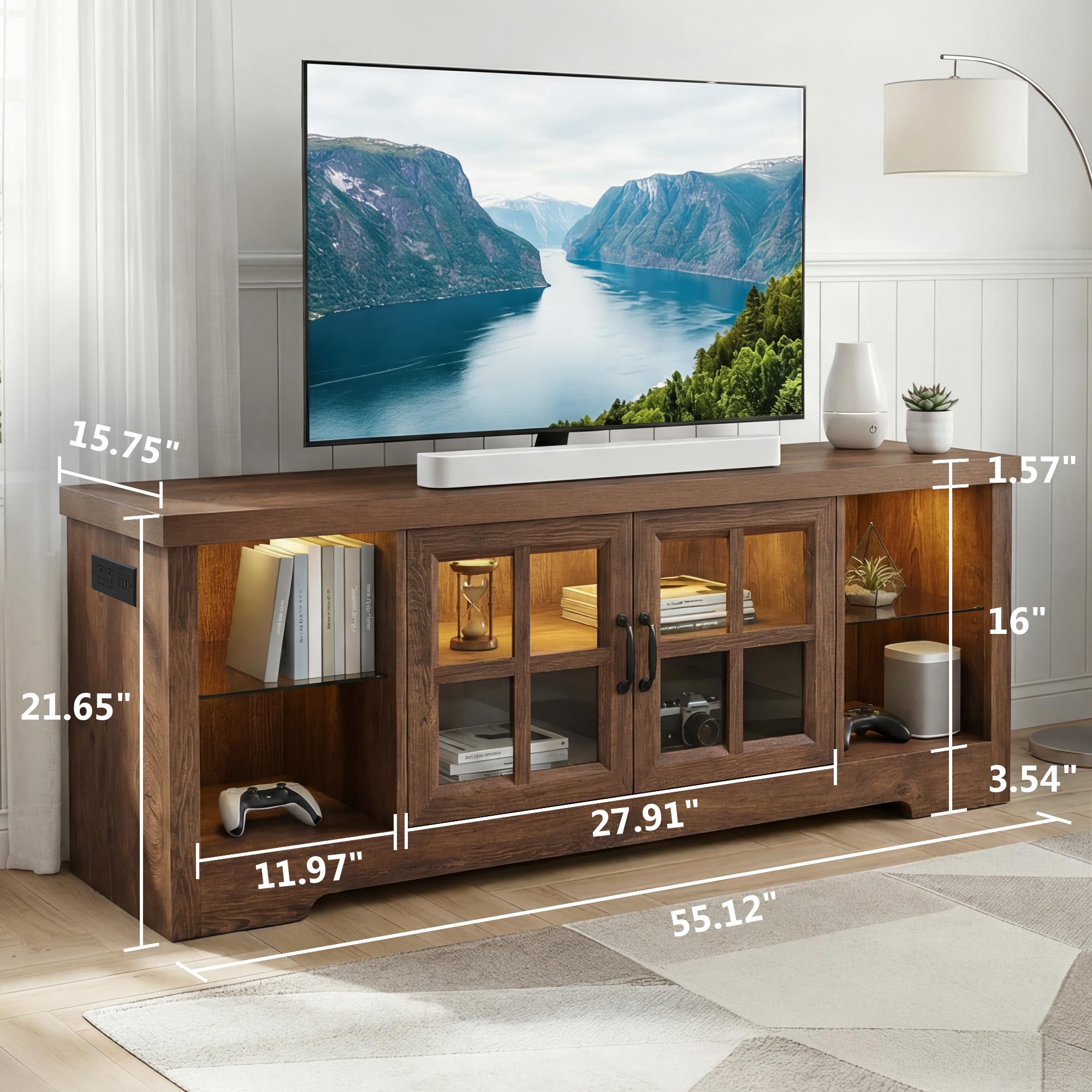 55" LED TV Stand with Charging Station & Adjustable Shelf
