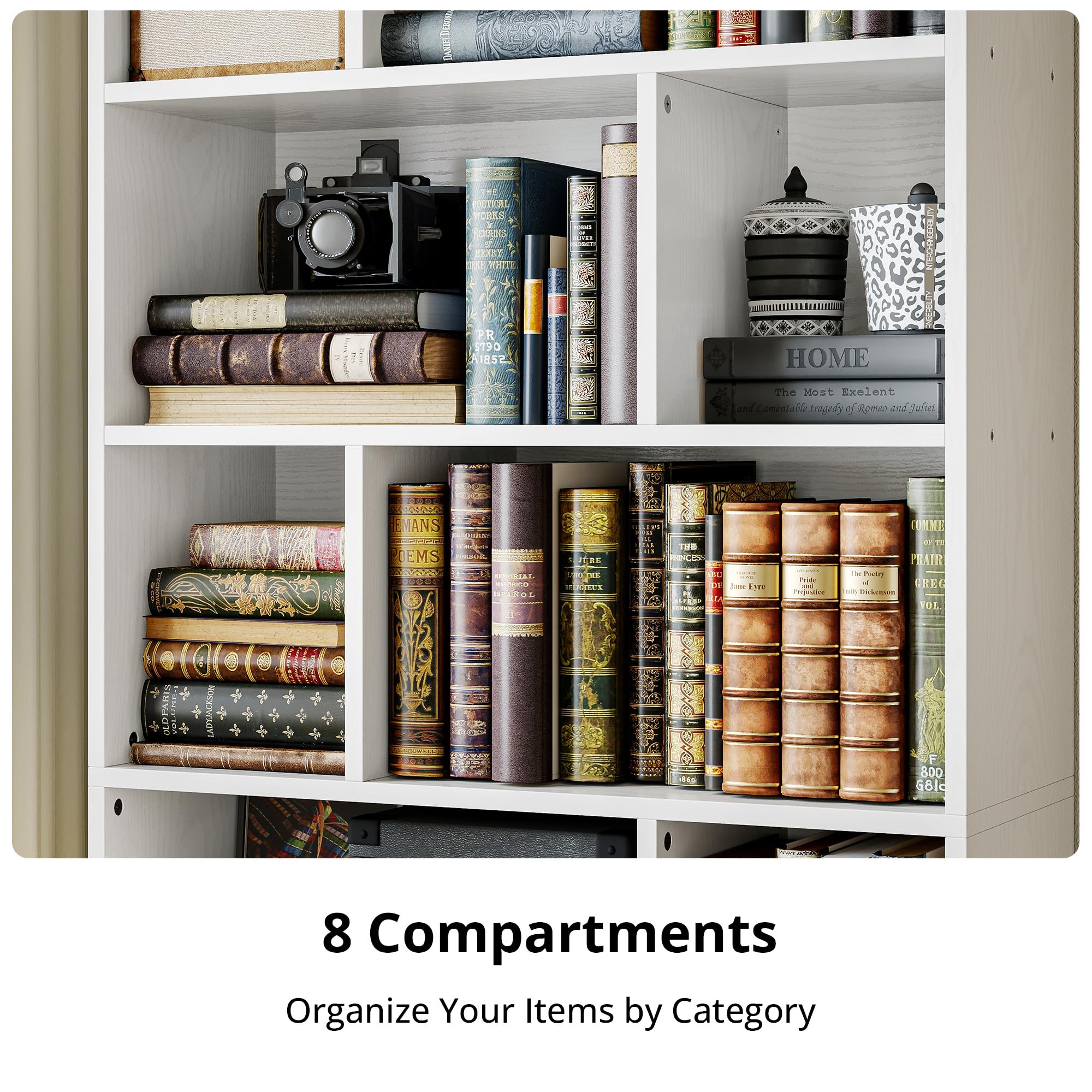 IRONCK Book Shelf, Tall Bookshelf with Storage, Bookshelves and Bookcases with Doors, 4-Tier Bookcase with 8 Open Cubes for Living Room, Office, Study, White