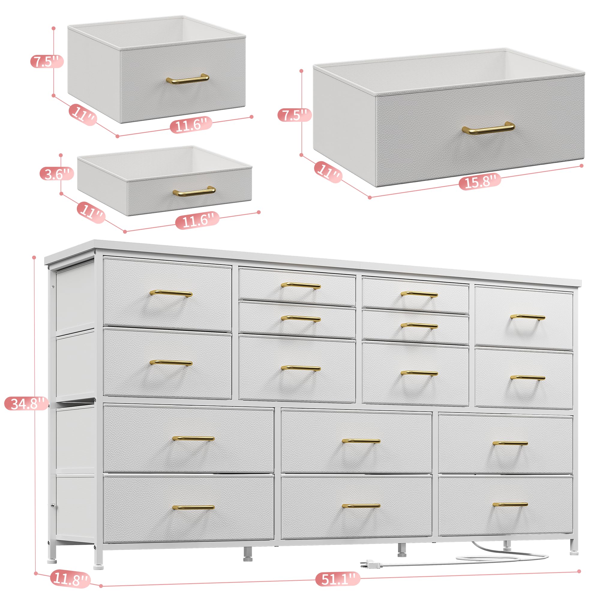 16 Drawers Long Dresser for Bedroom, 51"W Dressers with Power Outlets for 60"Inch TV for Living Room, Entertainment Center with Storage, Media TV Stand Console Table 51.1''W*11.8''D*34.8''H, White