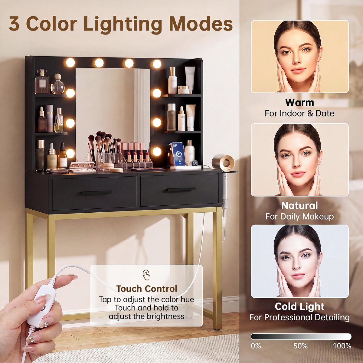 Black LED Mirror Vanity Desk