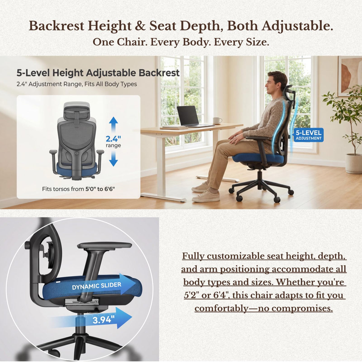 DEXYNORD Ergonomic Office Chair with Breathable Mesh Back & Thick Cushion Seat, 4D Armrests, 3D Headrest, Adjustable Lumbar Support & Seat Depth, High Back Desk Chair with Tilt Lock (Blue)