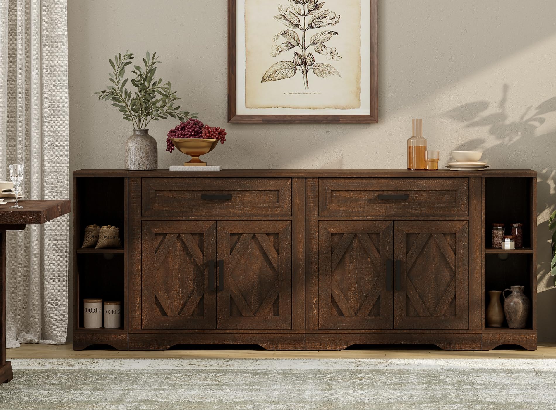WAMPAT Modern Farmhouse Large Sideboard Cabinet Set with Barn Doors,Buffet Cabinet Table with Storage Shelves and Drawers for Kitchen,Dining Room,Coffee Bar,82.7" W x 15.4" D x 32" H,Dark Brown