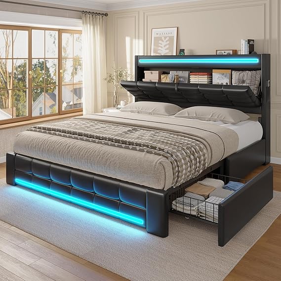 Platform Bed Frame with Storage Headboard & LED Lights