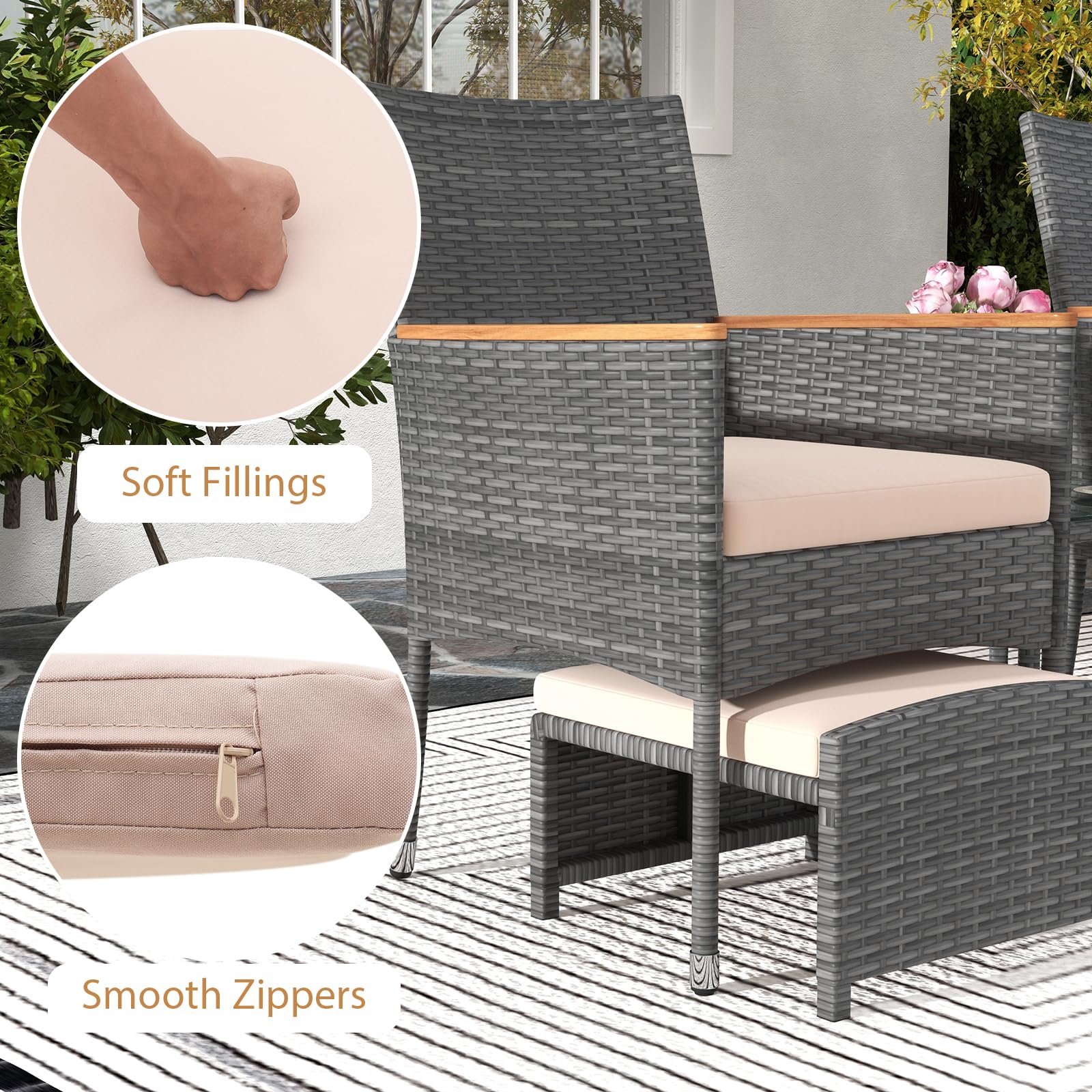 5-Piece Wicker Patio Conversation Set with Ottomans & Coffee Table