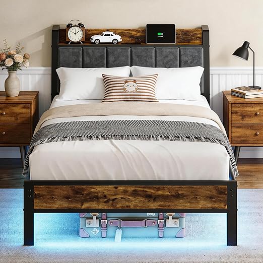 Metal Platform Bed Frame with Upholstered Headboard, Charging Station & LED Lights
