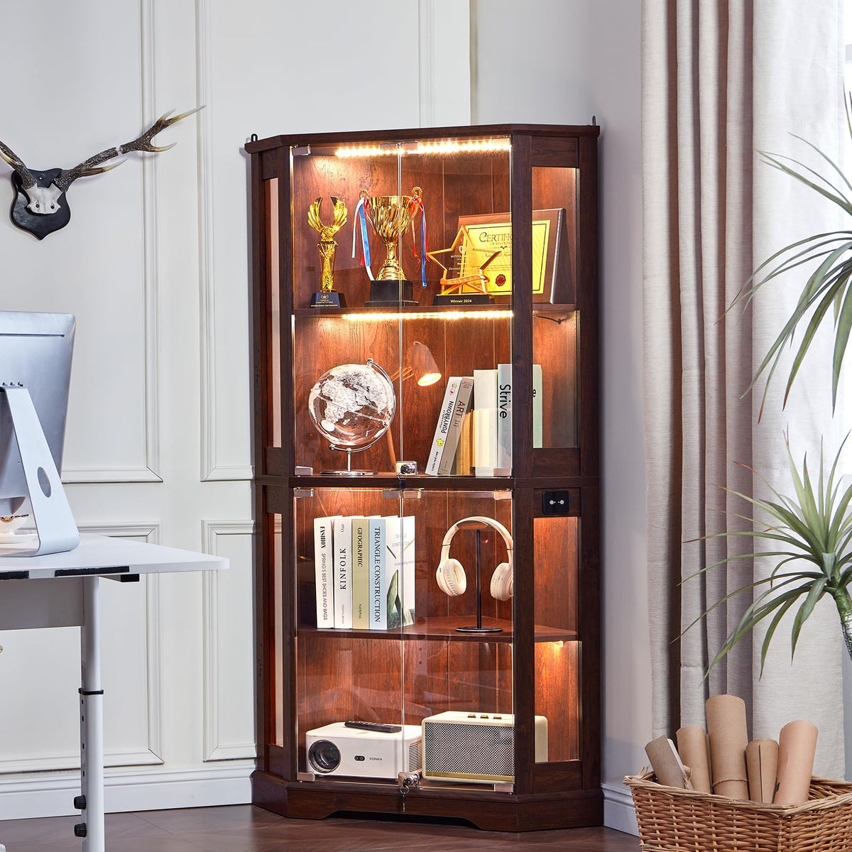 LELELINKY Farmhouse Corner Curio Cabinet with Lock, Walnut