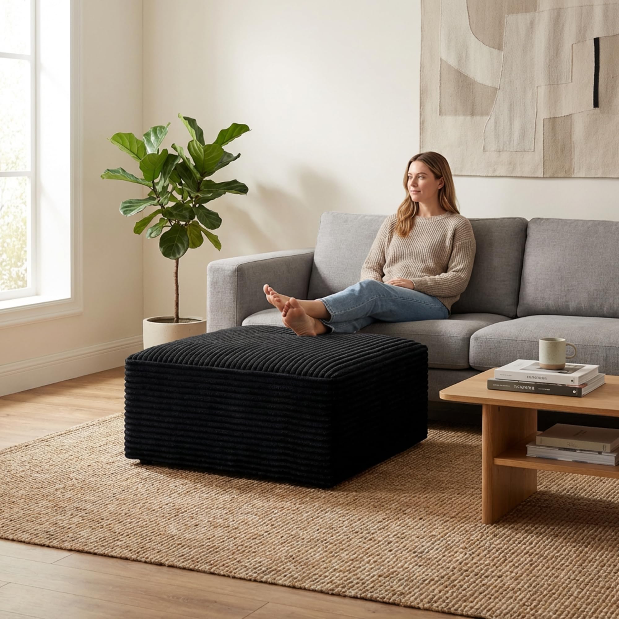 NMXUXMN Oversized Boneless Ottoman for Living Room – Plush Square Corduroy Upholstered Couch Ottoman, Modern Low-Profile Footrest for Sectional & Modular Sofa-Black